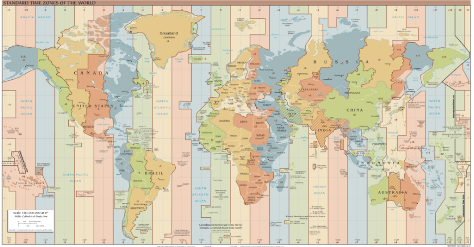 Mapa del mundo que representa las Zonas Horarias Mundiales Estándar.