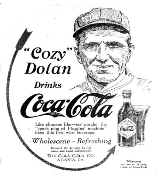 A newspaper Coca-Cola ad from 1915 with an illustration of a man in a baseball cap and the the heading reading "'Cozy' Dolan Drinks Coca-Cola.