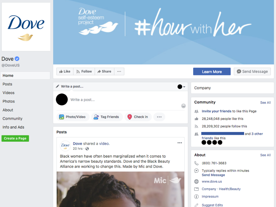 Captura de pantalla de Dove's Hour with Her Twitter homepage. En la parte superior hay una pancarta azul con tres palomas que dice #hourwithher.