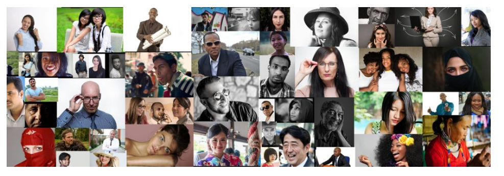 Collage de una diversa gama de personas de diferentes culturas, religiones, edades y géneros. Collage tiene alrededor de cuarenta imágenes en miniatura de diferentes individuos.