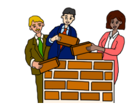 Tres personas vestidas de negocios tomando parte de una pared de ladrillo. La imagen se dibuja en un estilo de caricatura.