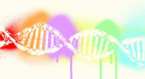 White DNA pattern with a rainbow background.