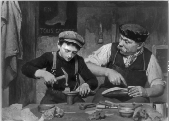 Black and white painting of a cobbler and apprentice at a workbench