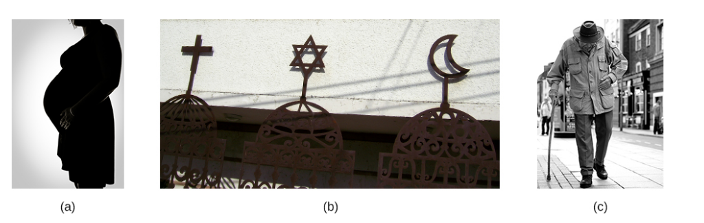 Photograph A shows the side profile of a pregnant woman. Photograph B shows a cross, a star of David, and a crescent displayed next to one another. Photograph C shows an older person with a cane walking down the street.