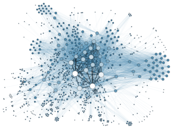 Graphic showing social network analysis: many many scattered dots are connected by thin lines, showing the complexity of social networks.