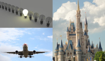 a three-part image. First a line of light bulbs, second an airplane, and third the castle at Disneyland. 