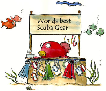 Cartoon, showing a red fish with a small stand advertising "World's Best Scuba Gear."