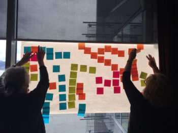 Photo of two women putting Post-its on a whiteboard.