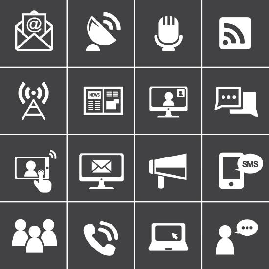 A series of icons representing social media. These include email, satellite, a microphone, a blogging logo, a broadcast tower, a newspaper, a video call, chat bubbles, a video being viewed on a phone, an email, a megaphone, a phone receiving a text, a group of three people, a ringing phone, a cursor clicking something on a screen, and a person speaking.