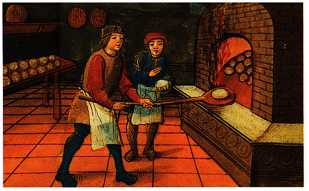 Medieval painting showing a baker with his apprentice putting bread into a brick oven.