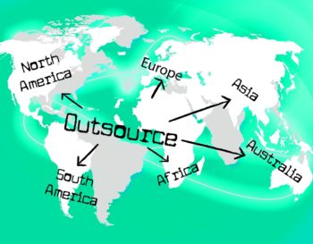 Infographic showing map of the world. At the center is the word "outsource" with arrows pointing to Asia, Europe, South America, Australia, and North American.