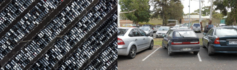 The first photo shows a large dealership parking lot with hundreds of cars parked in neat rows. The second photo shows a parking lot close up, with one car parked at a steep angle in a straight parking spot.