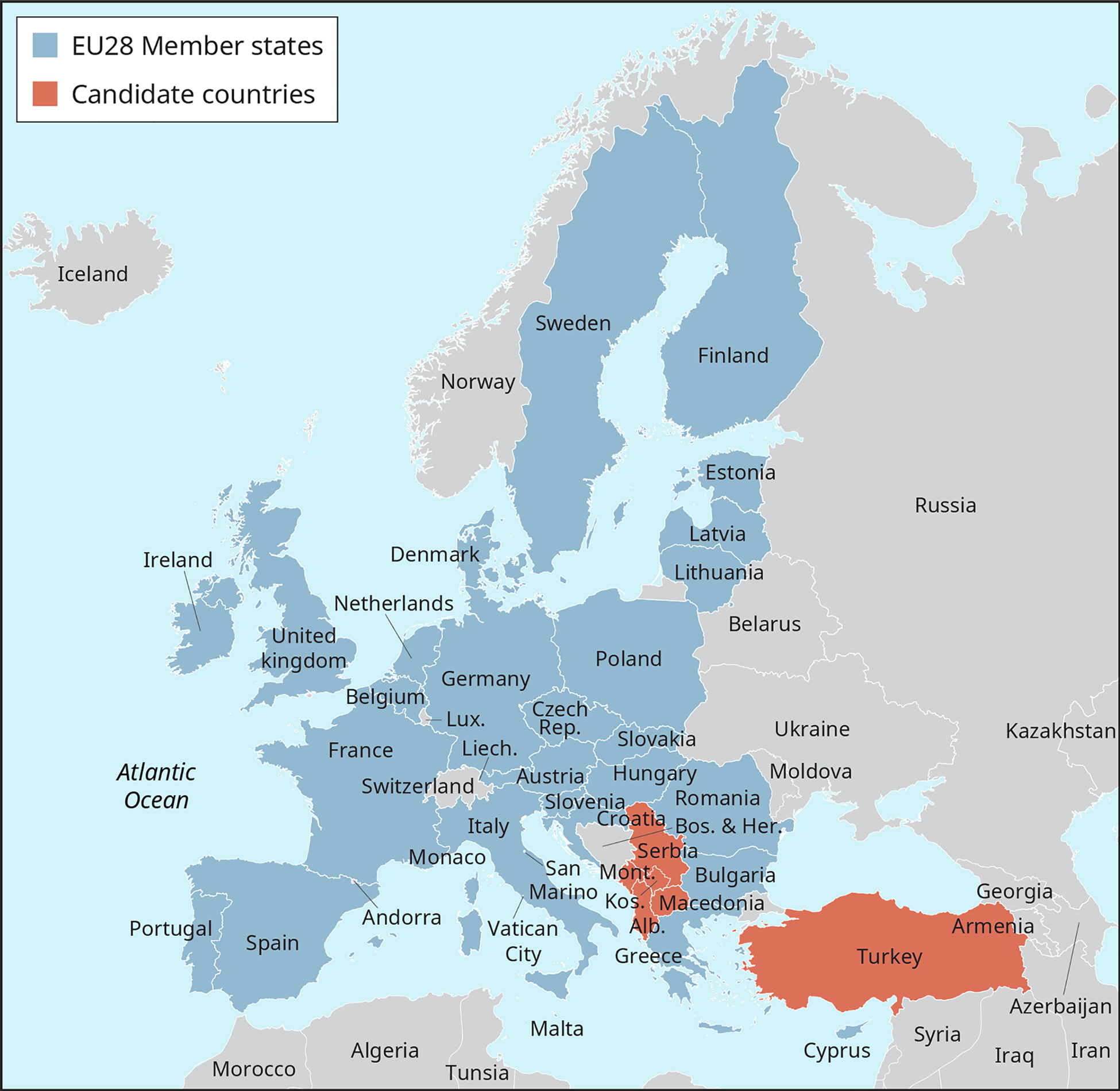 欧洲地图采用颜色编码，以显示欧盟28个成员国和候选国。