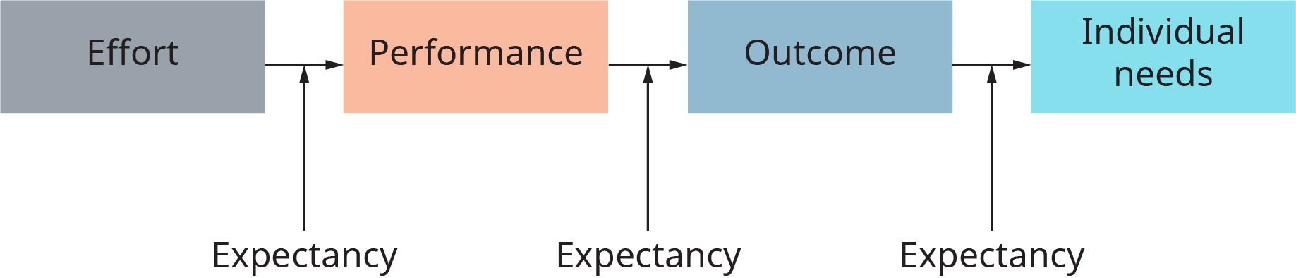 A process is shown as words connected by arrows. The diagram starts with the word effort, and an arrow points to performance. An arrow points from here to the word outcome. An arrow points from here to the words individual needs. Arrows labeled expectancy point to each of the arrows between words in the process.