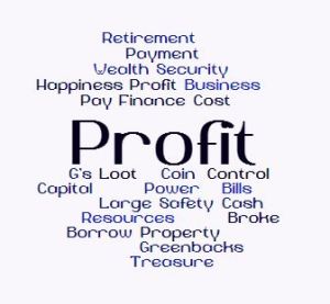 A collection of words that refer to money: The word "profit" is in the center; other words included are retirement, payment, wealth, security, happiness, business, pay, finance, cost, G's loot, coin, control, capital, power, bills, greenbacks, treasure, resources, broke