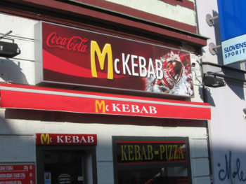 Photo of the front of "McKebab," a fast-food restaurant in Slovenia whose name and golden "M" bear a striking resemblance to McDonald's.