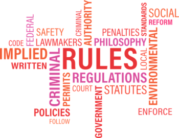 Word cloud with the following words: rules, regulations, implied, permits, criminal, environmental, social reform, safety, lawmakers, implied, policies, government, statutes, enforce, code, penalties, philosophy, standards.