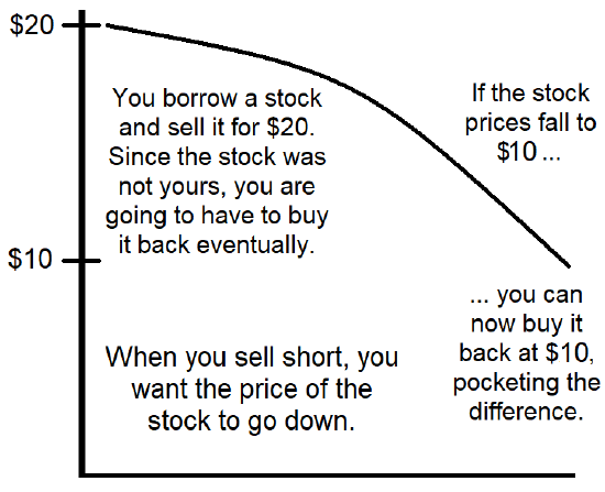 When you sell short, you want the price of the stock to go down. It is the opposite of buying long, what we normally think about when we talk about stocks. You borrowed the stock and sold it for $20. Now that the price is $10, you can buy it back for only $10, pocketing the difference.