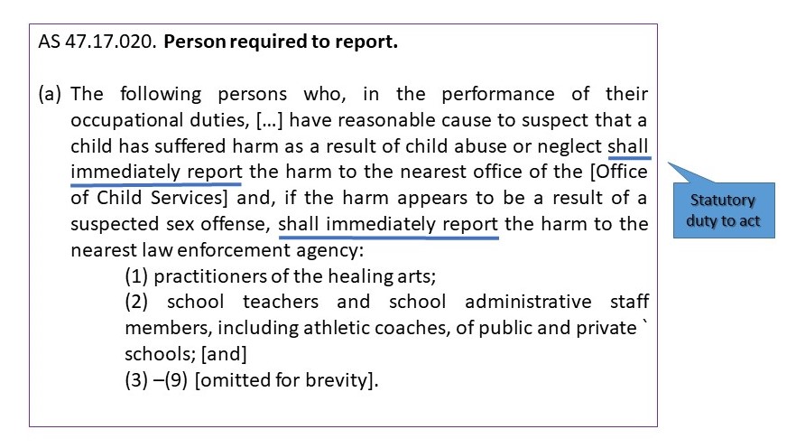 The following persons who, in the performance of their occupational duties, […] have reasonable cause to suspect that a child has suffered harm as a result of child abuse or neglect shall immediately report the harm to the nearest office of the [Office of Child Services] and, if the harm appears to be a result of a suspected sex offense, shall immediately report the harm to the nearest law enforcement agency: (1) practitioners of the healing arts; (2) school teachers and school administrative staff members, including athletic coaches, of public and private ` schools; [and] (3) –(9) [omitted for brevity].