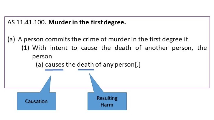 Murder in the first degree statute highlighting causation and resulting harm.