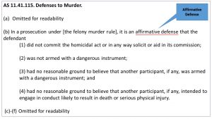 AS 11.41.115. Defenses to Murder. Omitted for readability (b) In a prosecution under [the felony murder rule], it is an affirmative defense that the defendant (1) did not commit the homicidal act or in any way solicit or aid in its commission; (2) was not armed with a dangerous instrument; (3) had no reasonable ground to believe that another participant, if any, was armed with a dangerous instrument; and (4) had no reasonable ground to believe that another participant, if any, intended to engage in conduct likely to result in death or serious physical injury.  (c)-(f) Omitted for readability