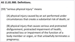AS 11.81.900. Definitions. (59) “serious physical injury” means (A) physical injury caused by an act performed under circumstances that create a substantial risk of death; or (B) physical injury that causes serious and protracted disfigurement, protracted impairment of health, protracted loss or impairment of the function of a body member or organ, or that unlawfully terminates a pregnancy;