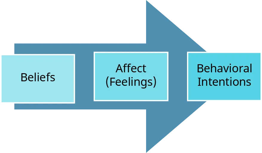 Three different consumer attitudes are overlayed onto an arrow pointing to the right. Starting at the left, those attitudes are: beliefs, affects or feelings, and behavioral intentions.