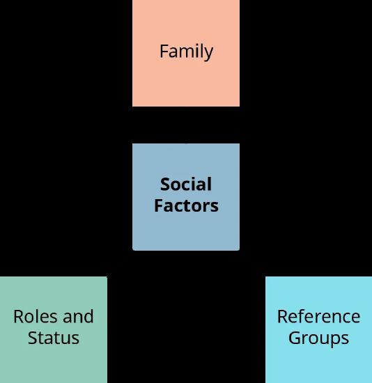 Social factors that influence consumer purchasing behavior are family, reference groups, and roles and status.