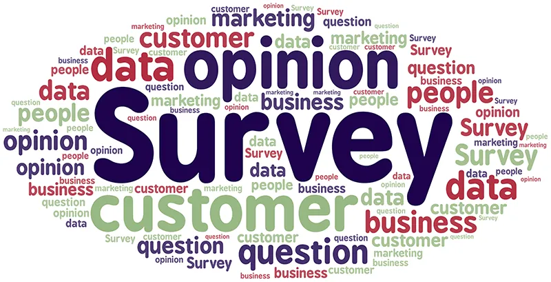 A word cloud shows different words related to survey concepts. The largest word in the cloud is survey. Other large words are customer, opinion, data, customer, question, marketing, and business.