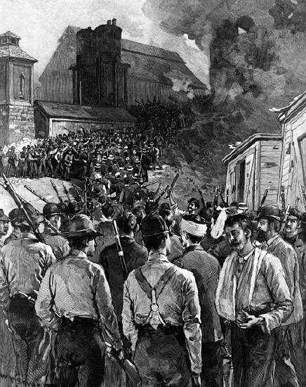 An 1892 cover of Harper’s Weekly depicting the Homestead Riot, showed Pinkerton men who had surrendered to the steel mill workers navigating a gauntlet of violent strikers. W.P. Synder (artist) after a photograph by Dabbs, “The Homestead Riot,” 1892. Library of Congress, LC-USZ62-126046.