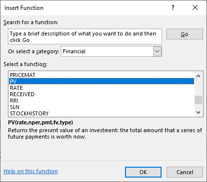 A screenshot of excel shows function formulas from the upper menu bar. PV is selected from the function drop down menu.