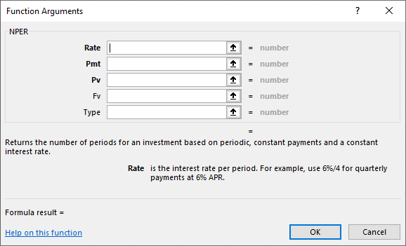 Screenshot of New Dialog Box for NPER Function Arguments. It shows the data entry screen called “Function Arguments” and the NPER section contains fields for Rate, Pmt, Pv, Fv, and Type, all numerical fields.