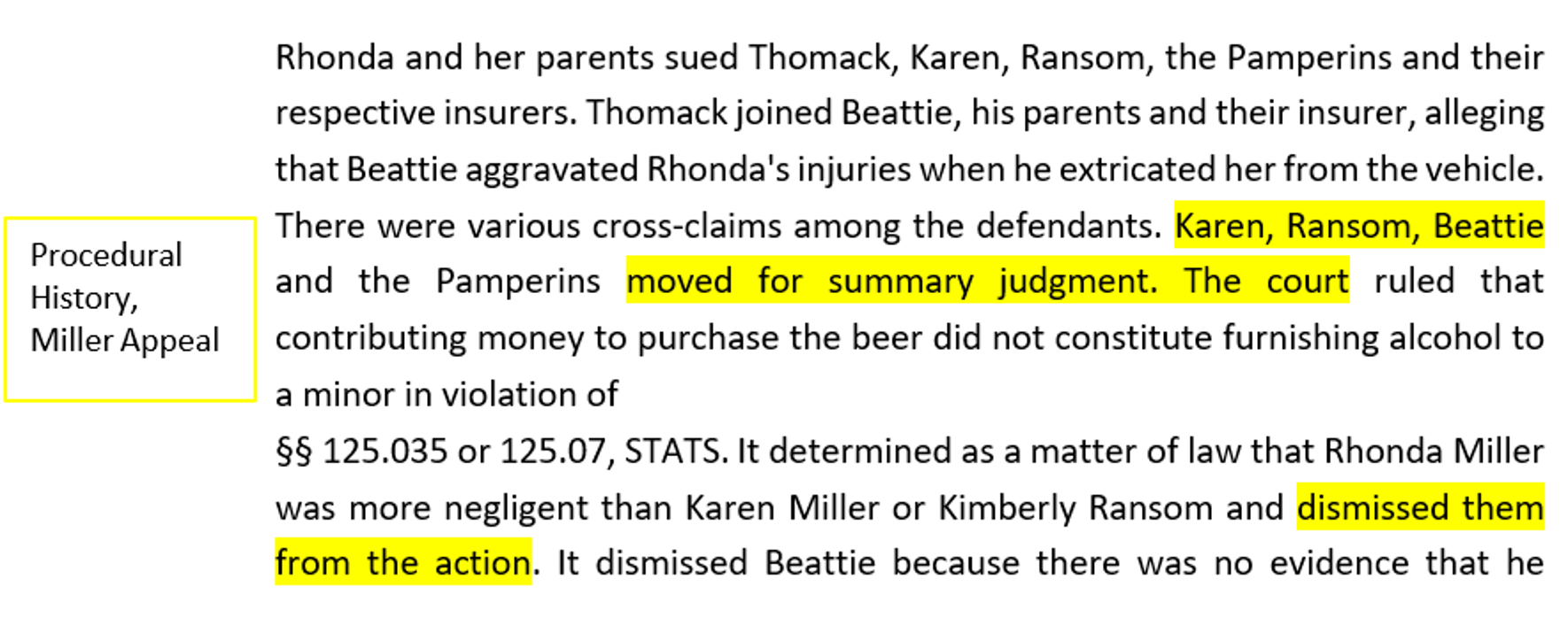 From the Procedural History section of the Miller Appeal, the following words are highlighted in yellow "Karen, Ransom, Bettie... moved for summary judgment. The court... dismissed them from the action."