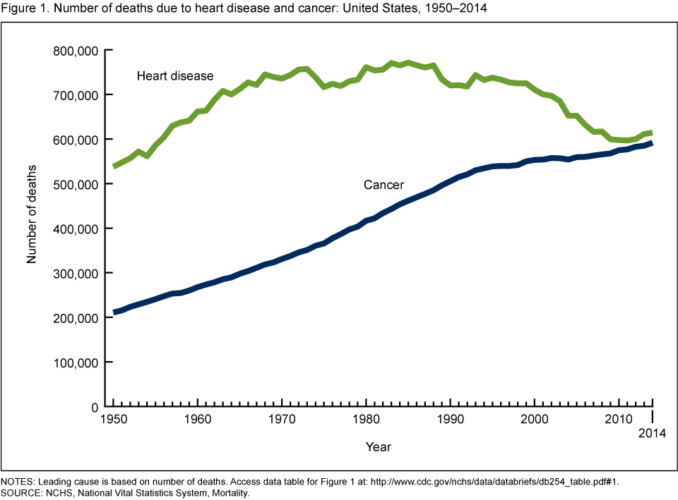 Graph of deaths due to heart disease and cancer in the United States from 1950-2014. In 1950’s, Cancer began in the two hundred thousands and climbed steadily to the five hundred and fifty thousands in the 2010’s. Heart disease started in the five hundred and fifty thousands in the 1950’s and rose to the high seven hundred thousands before dropping down to the six hundred thousands in the 2010’s.