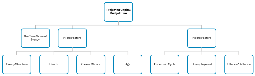 An organizational chart of the factors influencing a Capital Budget. The top-level factors are the Time Value of Money, Micro Factors/New Information, and Macro Factors. Micro Factors is comprised of Family Structure, Health, Career Choice, and Age. Macro Factors is comprised of Economic Cycle, Unemployment, and Inflation/Deflation.