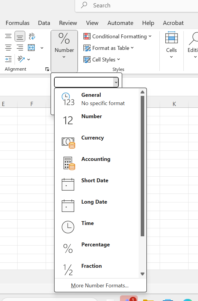 Excel number menu