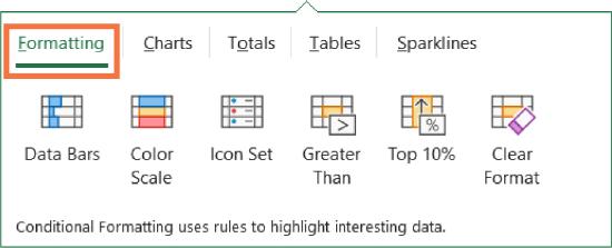 Formatting tab is selected. Options listed: Data Bars, Color Scale, Icon Set, Greater Than, Top 10%, and Clear Format. Bottom reads, Conditional Formatting uses rules to highlight interesting data.