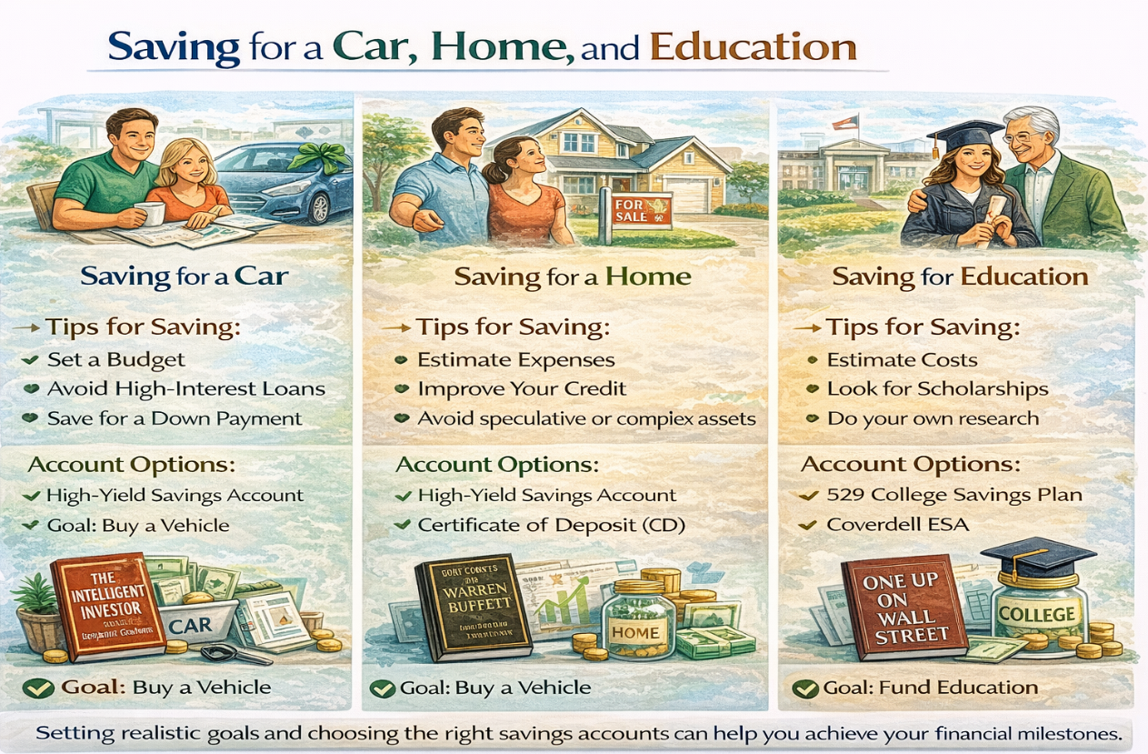 Infographic on Saving for a car, home, and education.
