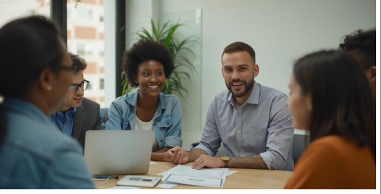 meeting around a table with a laptop on table