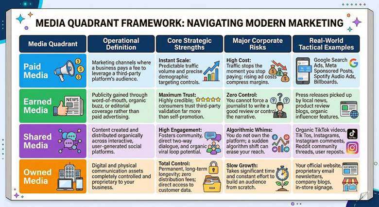 A framework titled "Media Quadrant Framework: Navigating Modern Marketing" shows four quadrants&mdash;Paid, Earned, Shared, Owned Media&mdash;each with definitions, strengths, risks, and examples.