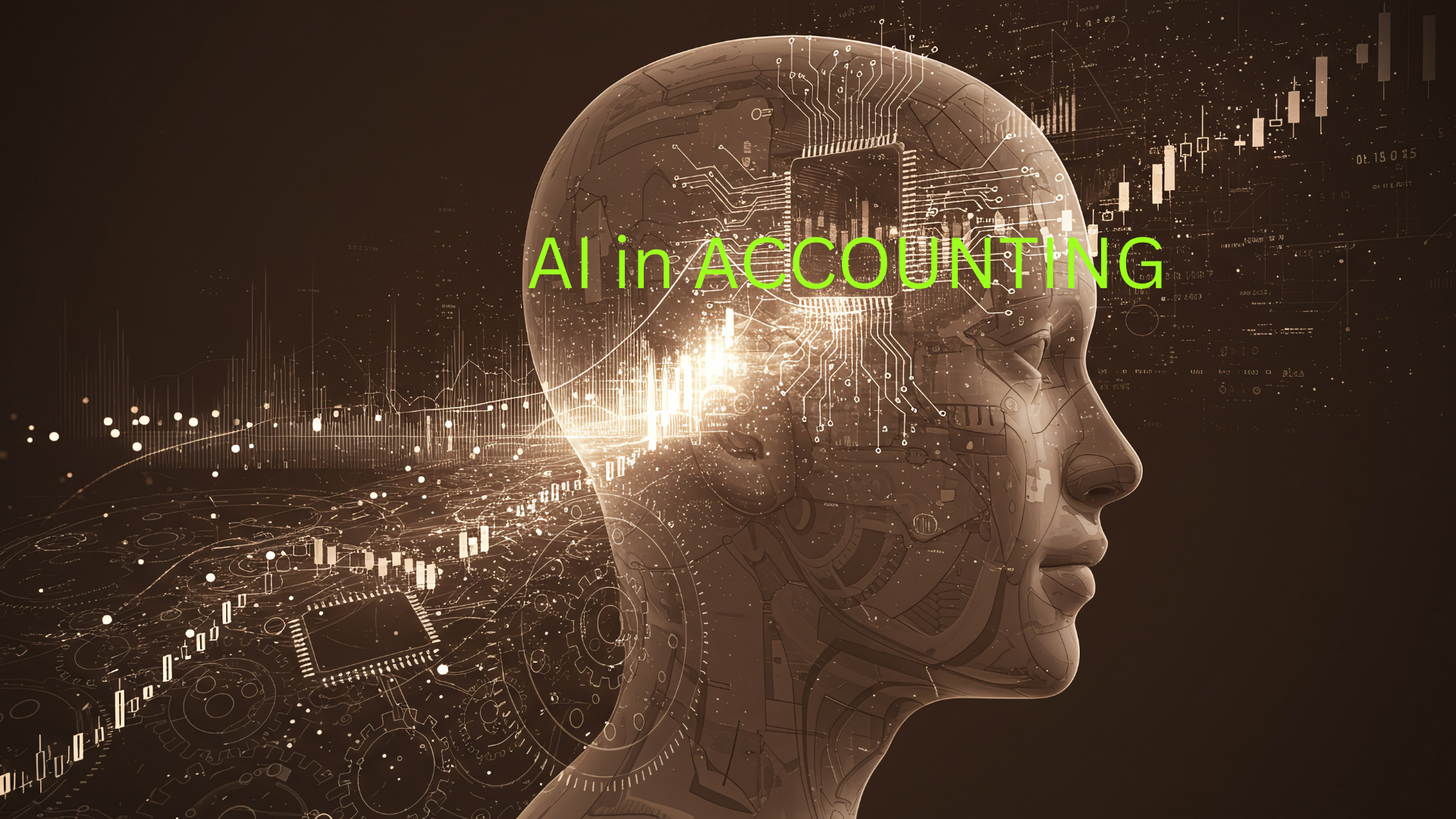 Digital AI head with circuitry and financial charts, illustrating artificial intelligence in accounting.