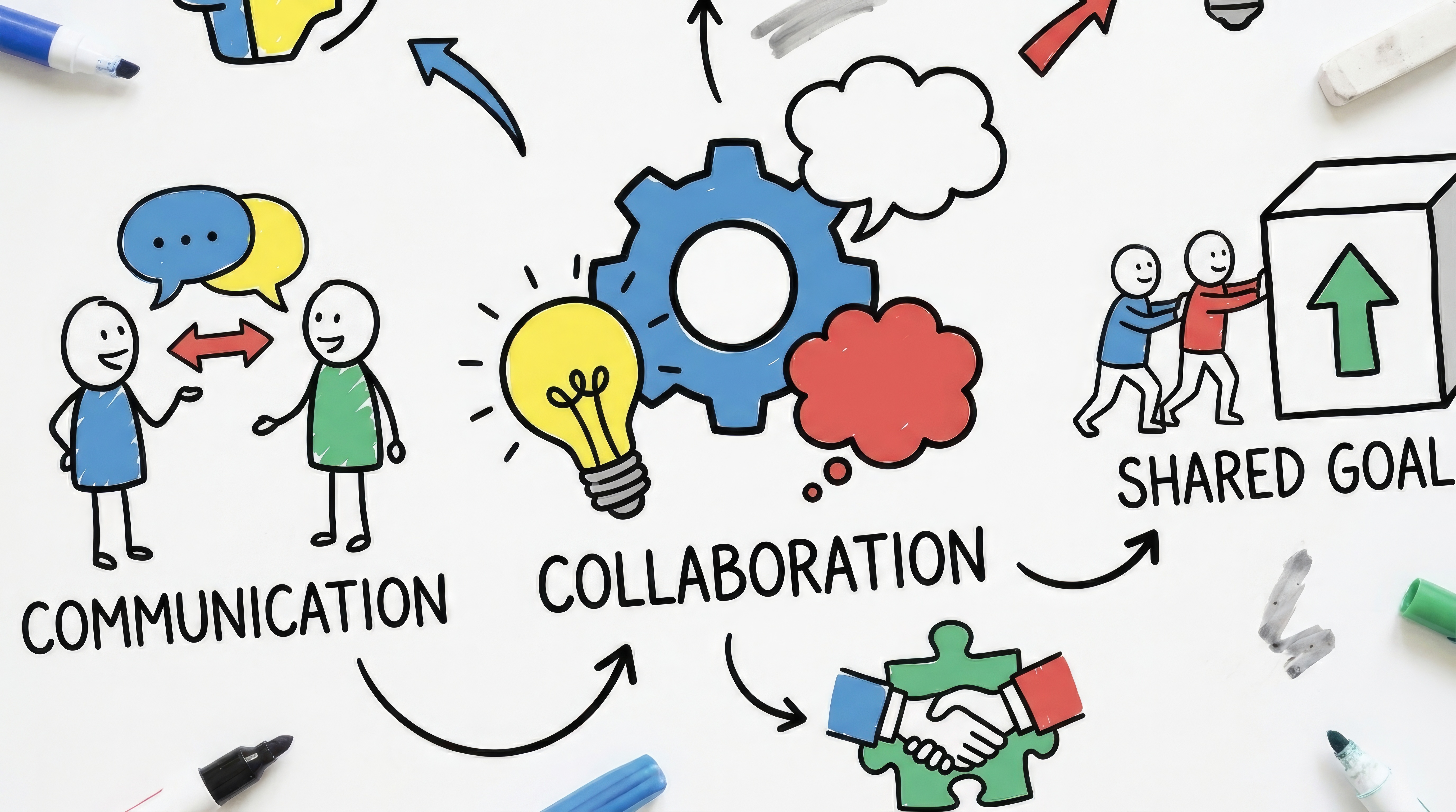 Illustration showing concepts of communication, collaboration, and shared goals with playful stick figures and icons.