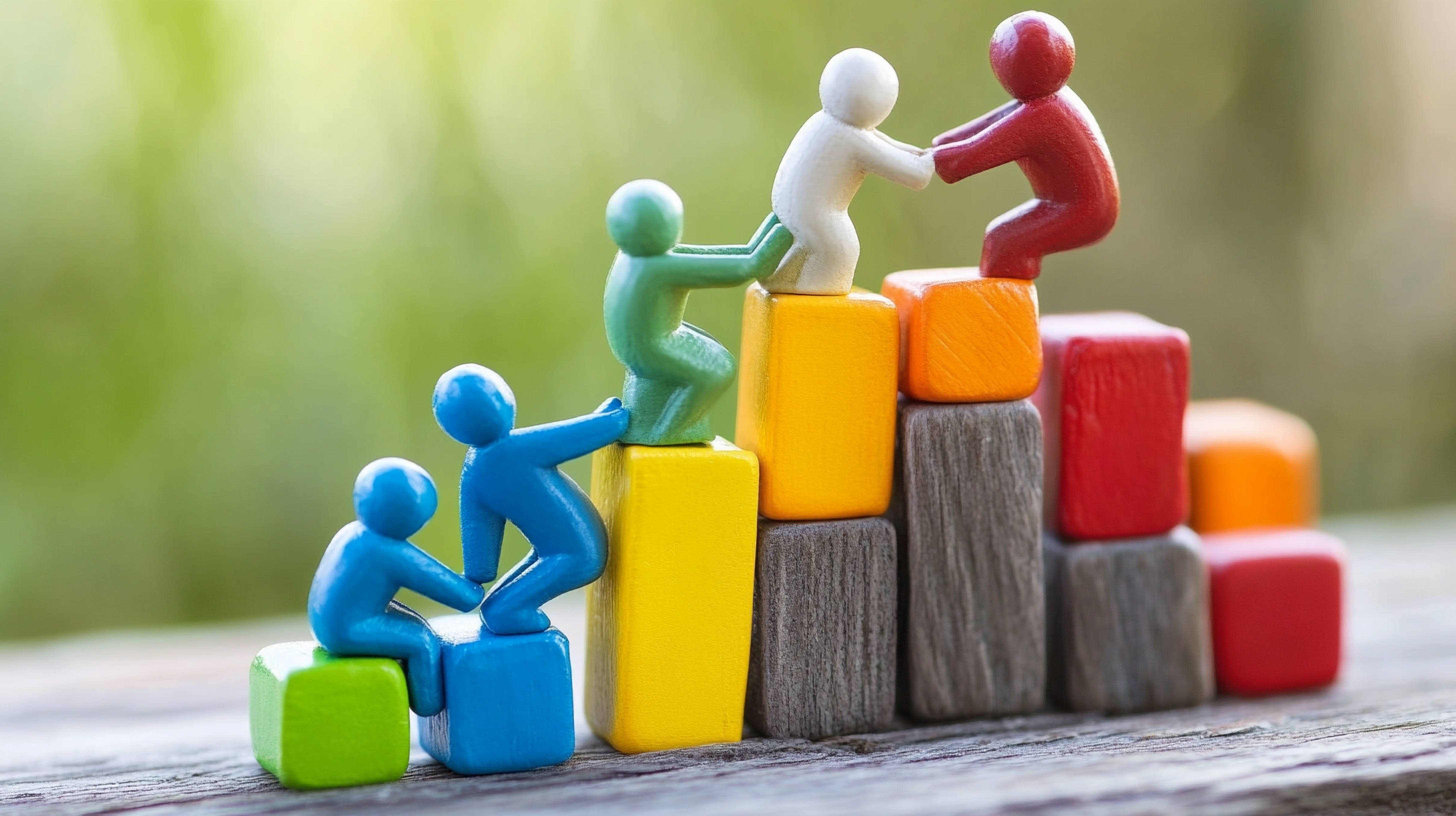 Colorful toy figures climbing stacked blocks, some helping each other ascend a small structure, symbolizing teamwork.