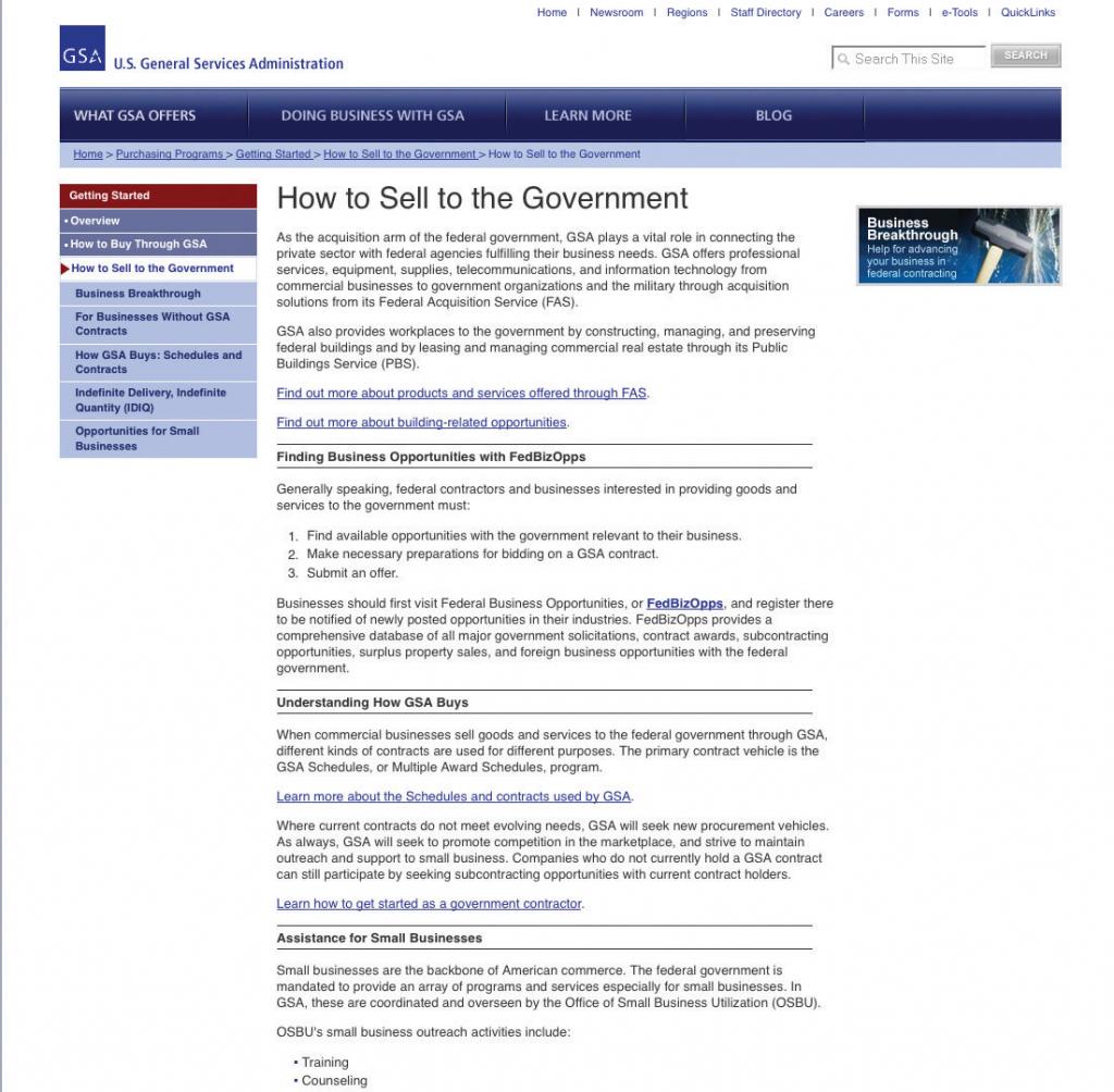 Captura de pantalla de una página web de GSA titulada Cómo vender al gobierno
