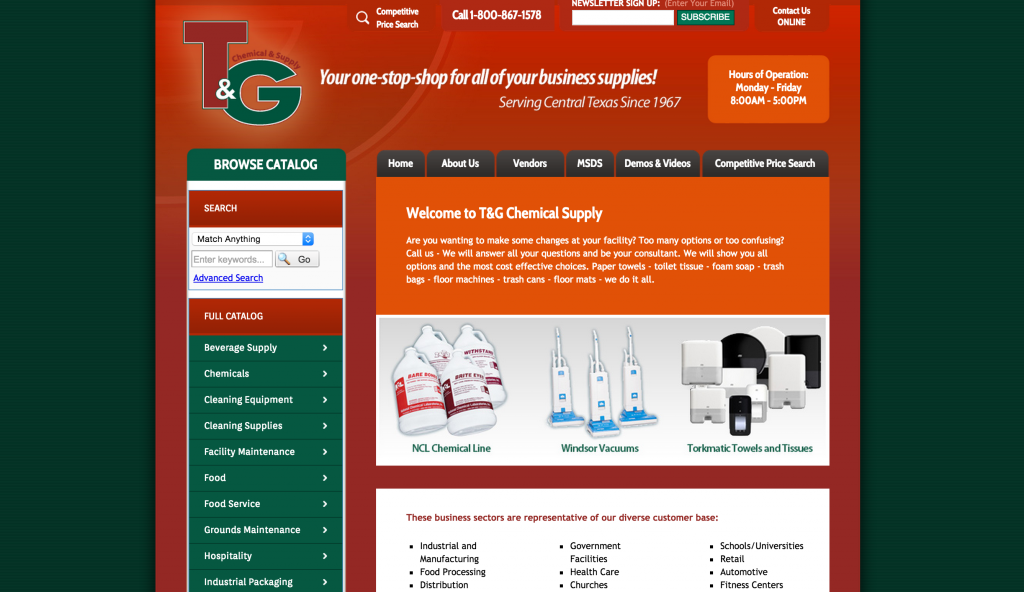Una captura de pantalla del sitio web de T&G Chemical & Supply, mostrando productos de limpieza que se consideran ejemplos de artículos MRO