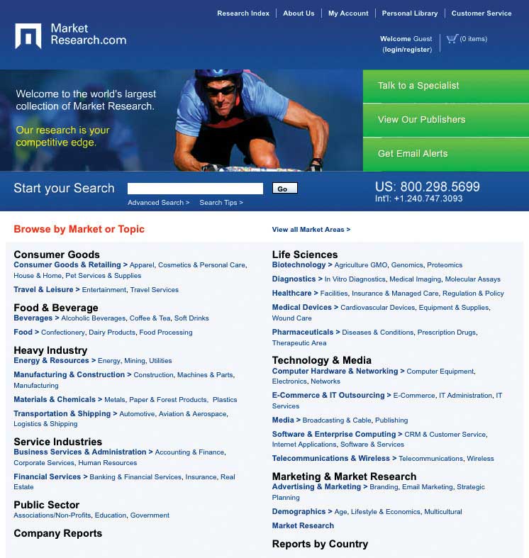 Una captura de pantalla de la página principal de MarketResearch, que muestra numerosos estudios en diversas categorías