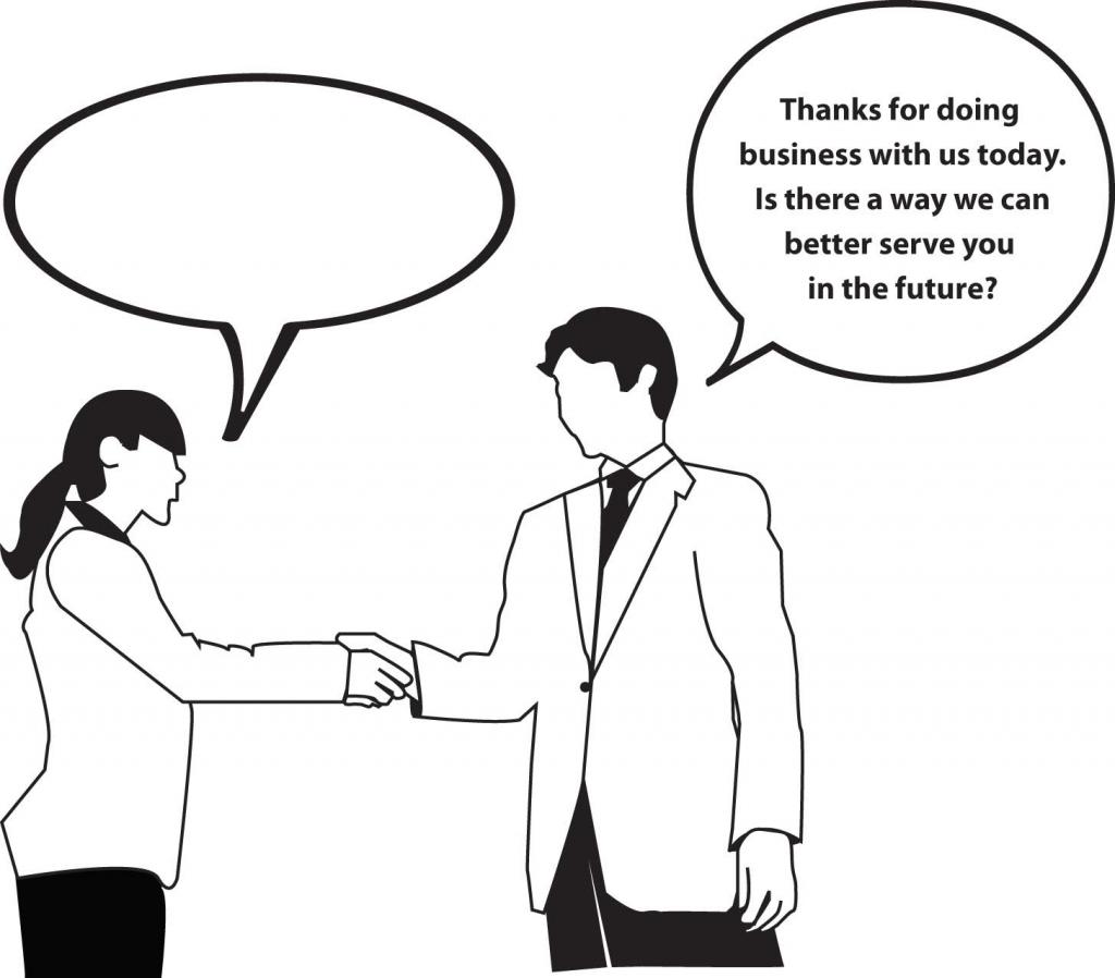 A cartoon completion visual depicting a conversation between two individuals. One person's speech bubble reads 'Thanks for doing business with us today. Is there a way we can better serve you in the future?'. The other person's speech bubble is left for completion.