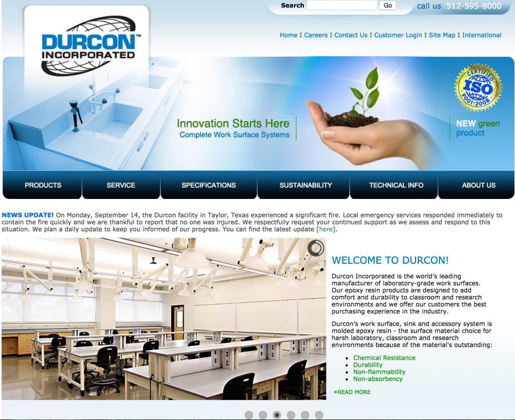 Una captura de pantalla de la página principal de Durcon