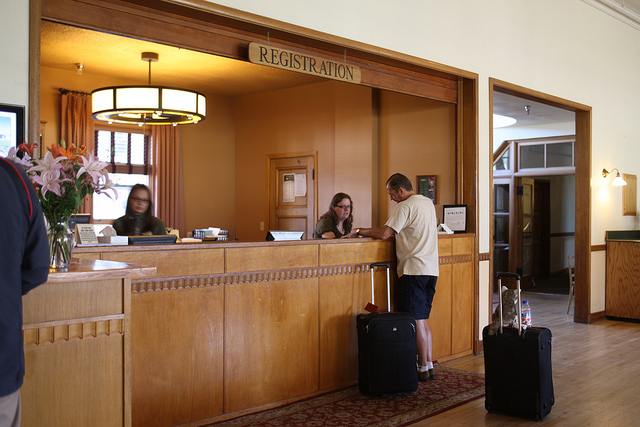 The registration desk of a hotel in Yellowstone National Park