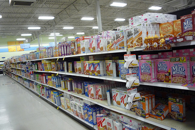 The cereal aisle of a grocery store